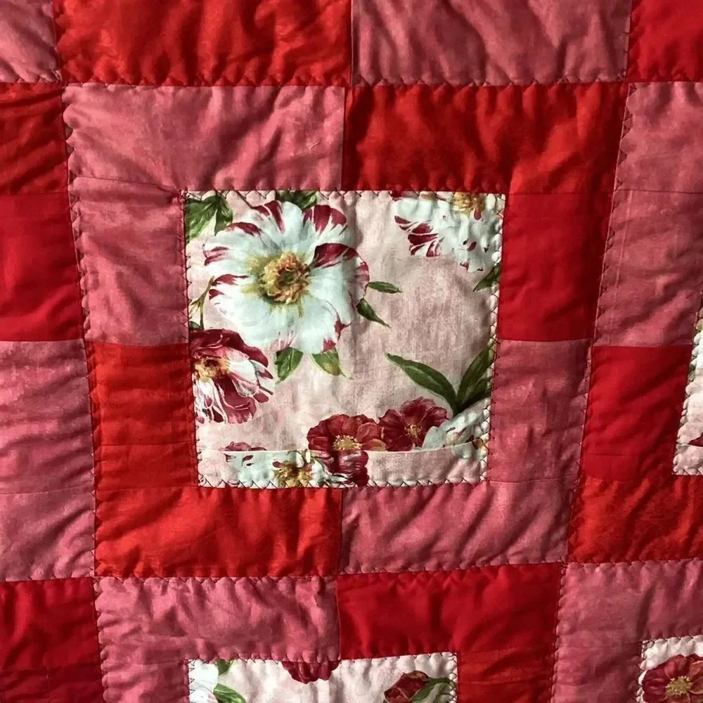 NWT. Floral Red and Pink Peonies Hand Crafted Quilt